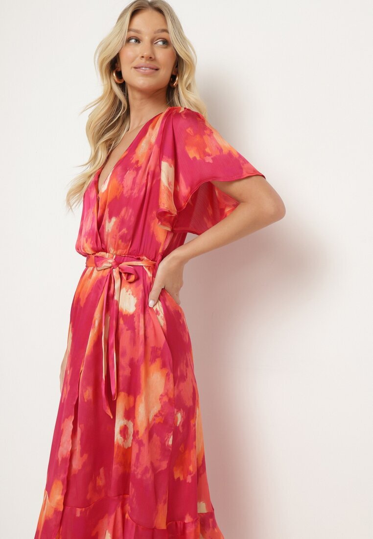 retro & icone Rochie Fuchsia-Portocalie cu decolteu petrecut cu cordon textil și elastic în talie Vikiama