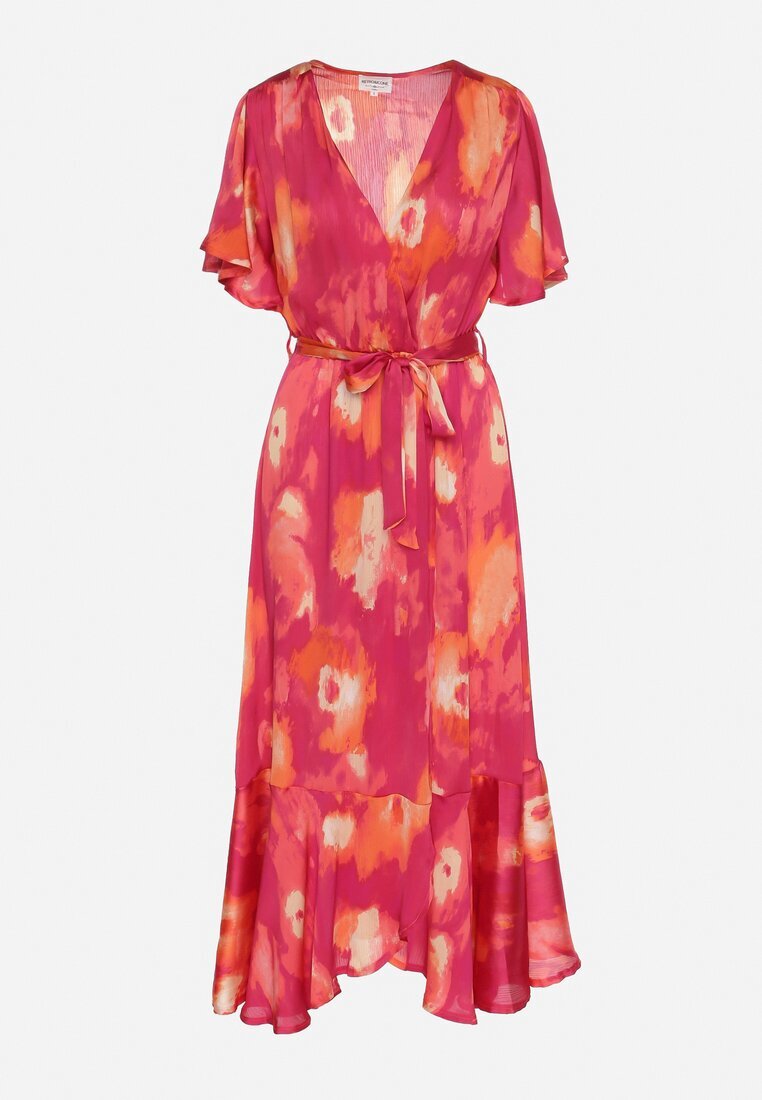 retro & icone Rochie Fuchsia-Portocalie cu decolteu petrecut cu cordon textil și elastic în talie Vikiama