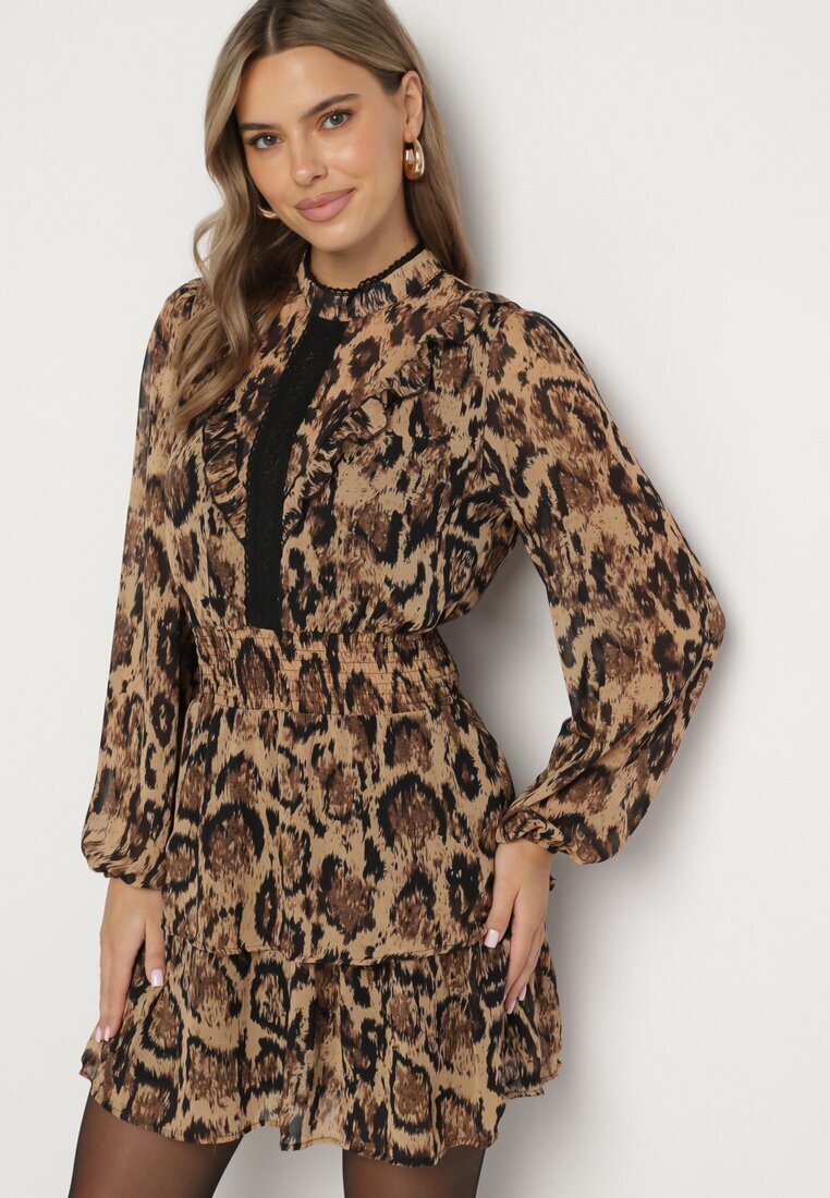 retro & icone Rochie Maro Evazată cu Guler Ridicat și Volane cu Imprimeu Leopard Labinora