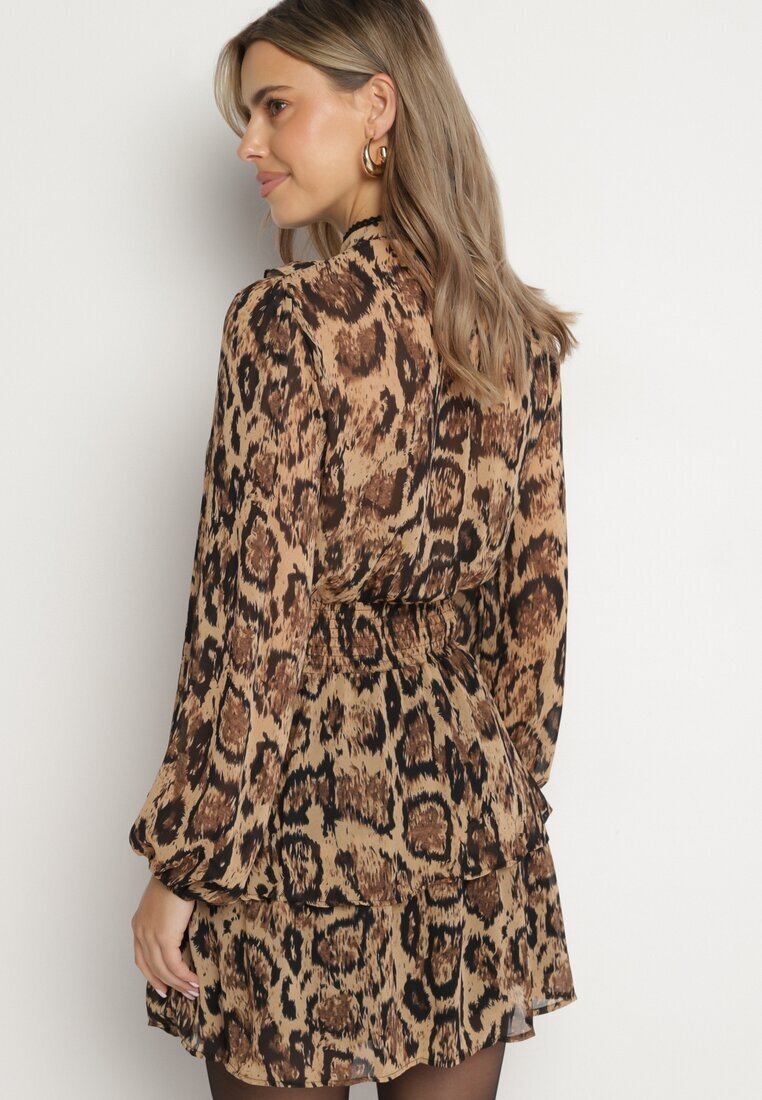 retro & icone Rochie Maro Evazată cu Guler Ridicat și Volane cu Imprimeu Leopard Labinora