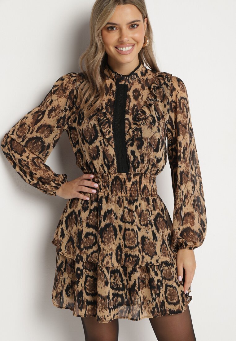 retro & icone Rochie Maro Evazată cu Guler Ridicat și Volane cu Imprimeu Leopard Labinora