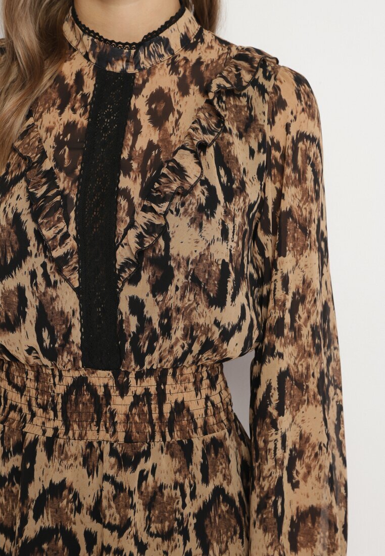 retro & icone Rochie Maro Evazată cu Guler Ridicat și Volane cu Imprimeu Leopard Labinora