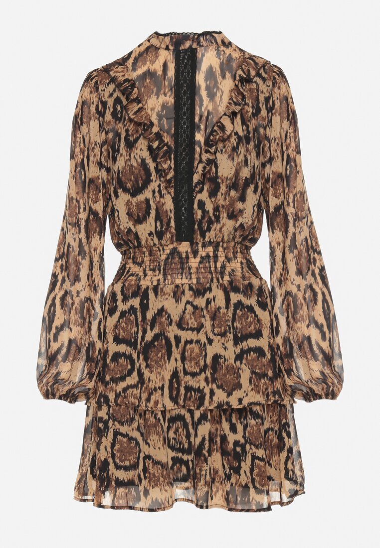 retro & icone Rochie Maro Evazată cu Guler Ridicat și Volane cu Imprimeu Leopard Labinora