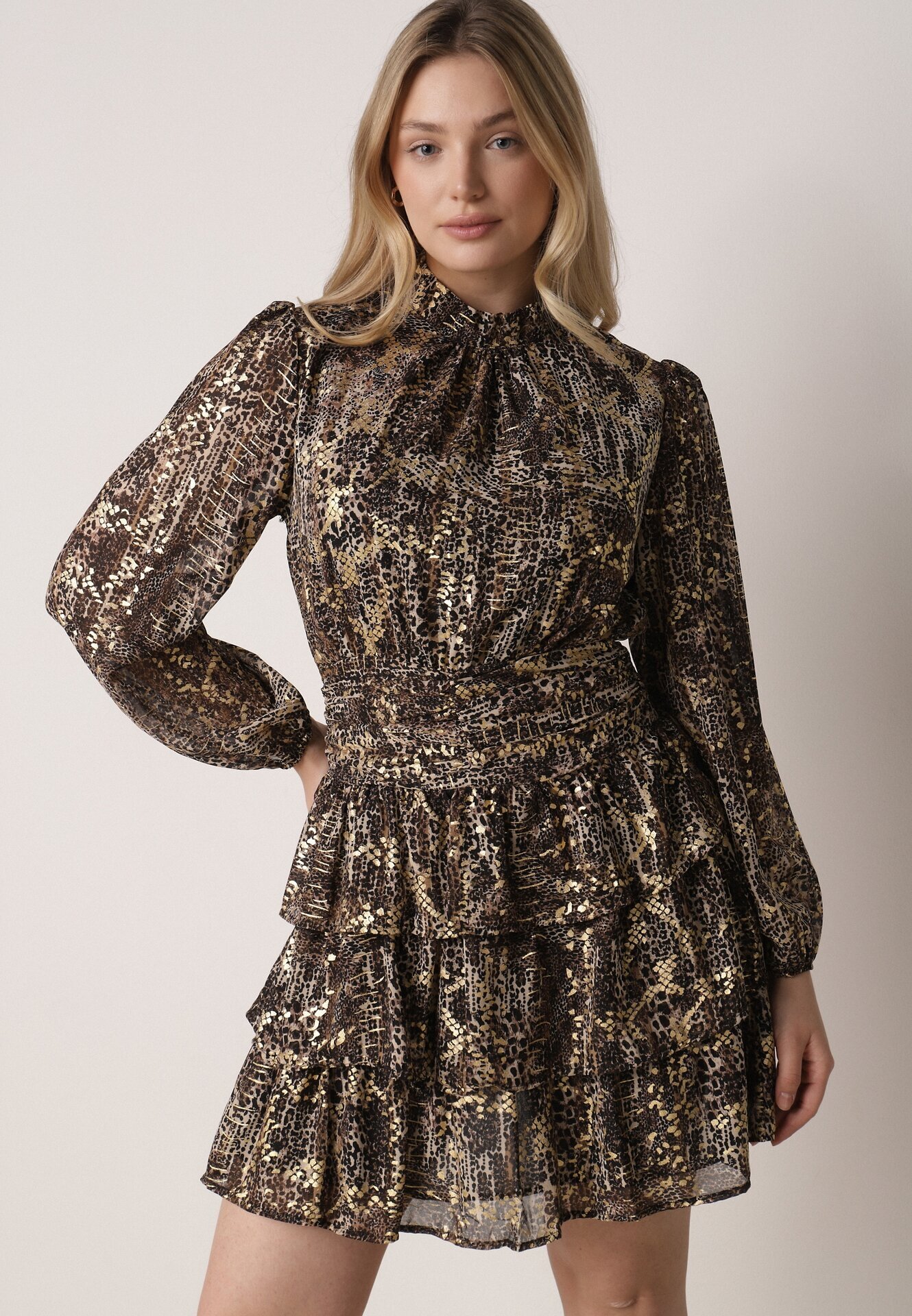retro & icone Rochie Maro Evazată cu Imprimeu Leopard cu Volane și Elastic în Talie Tinnorisa