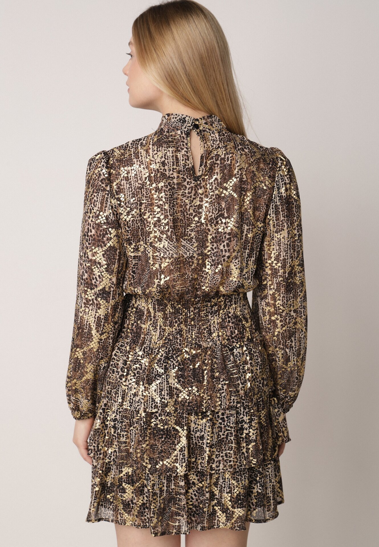 retro & icone Rochie Maro Evazată cu Imprimeu Leopard cu Volane și Elastic în Talie Tinnorisa