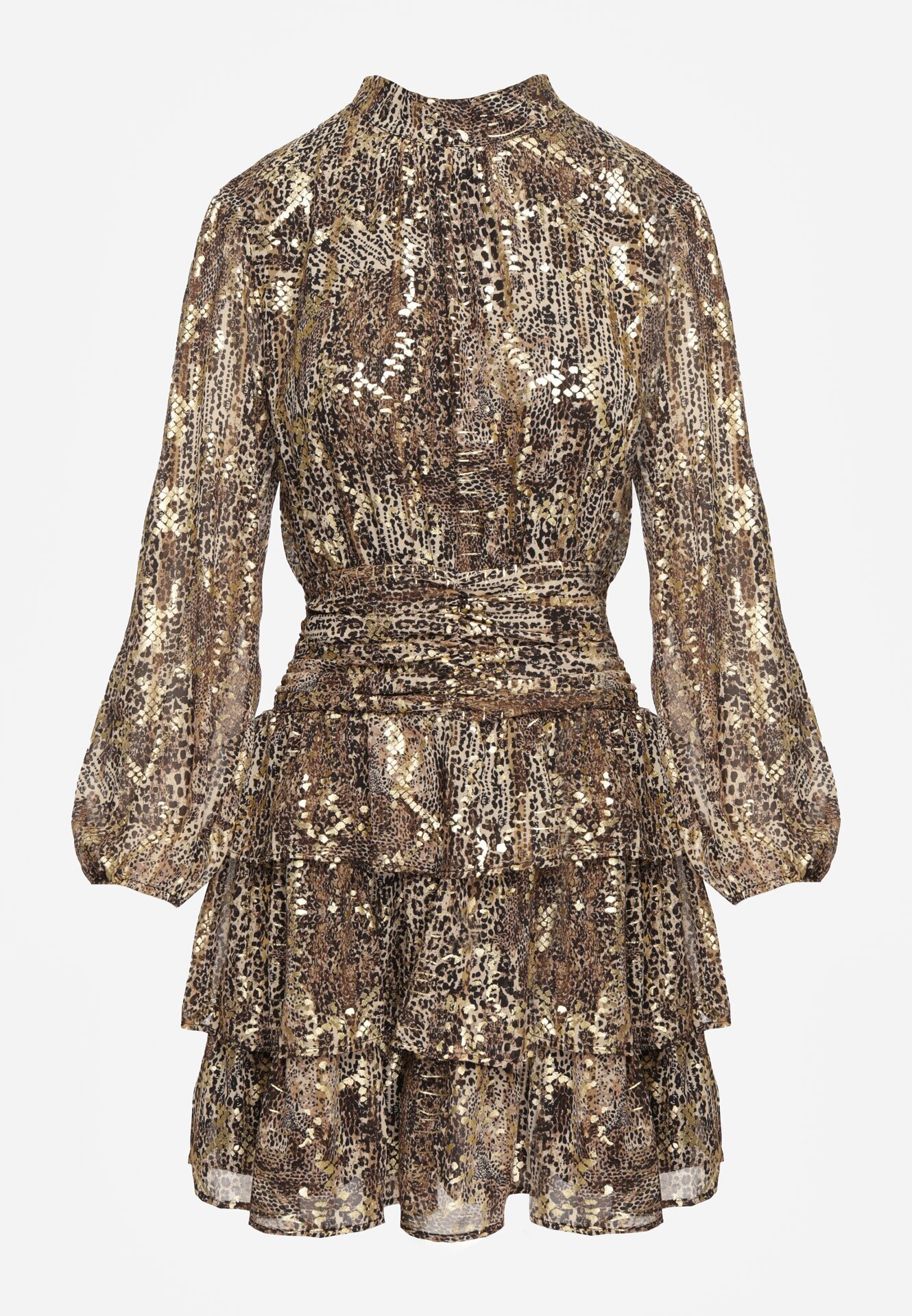 retro & icone Rochie Maro Evazată cu Imprimeu Leopard cu Volane și Elastic în Talie Tinnorisa