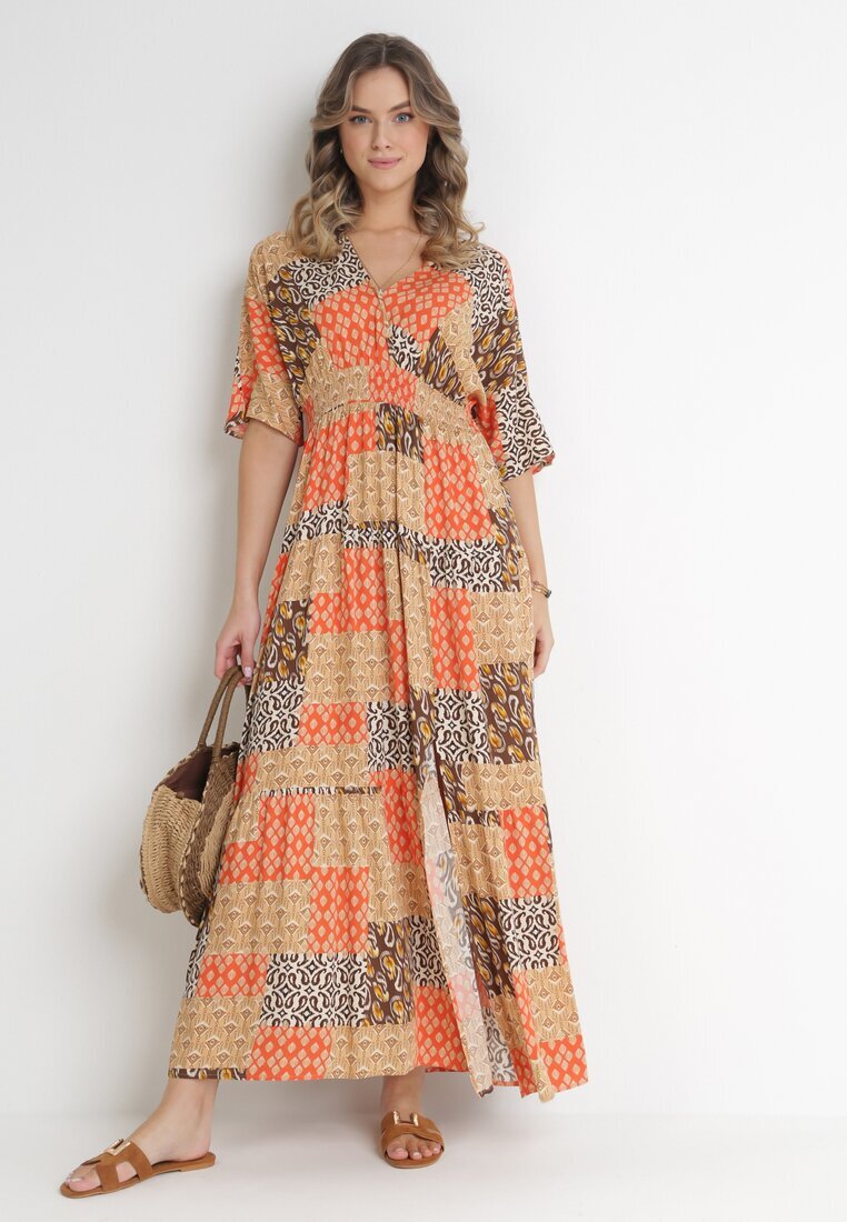 retro & icone Rochie Maxi Portocalie din viscoză cu elastice în talie și model abstract Zamania