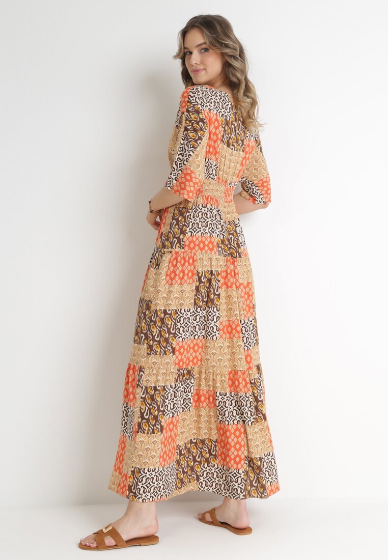retro & icone Rochie Maxi Portocalie din viscoză cu elastice în talie și model abstract Zamania