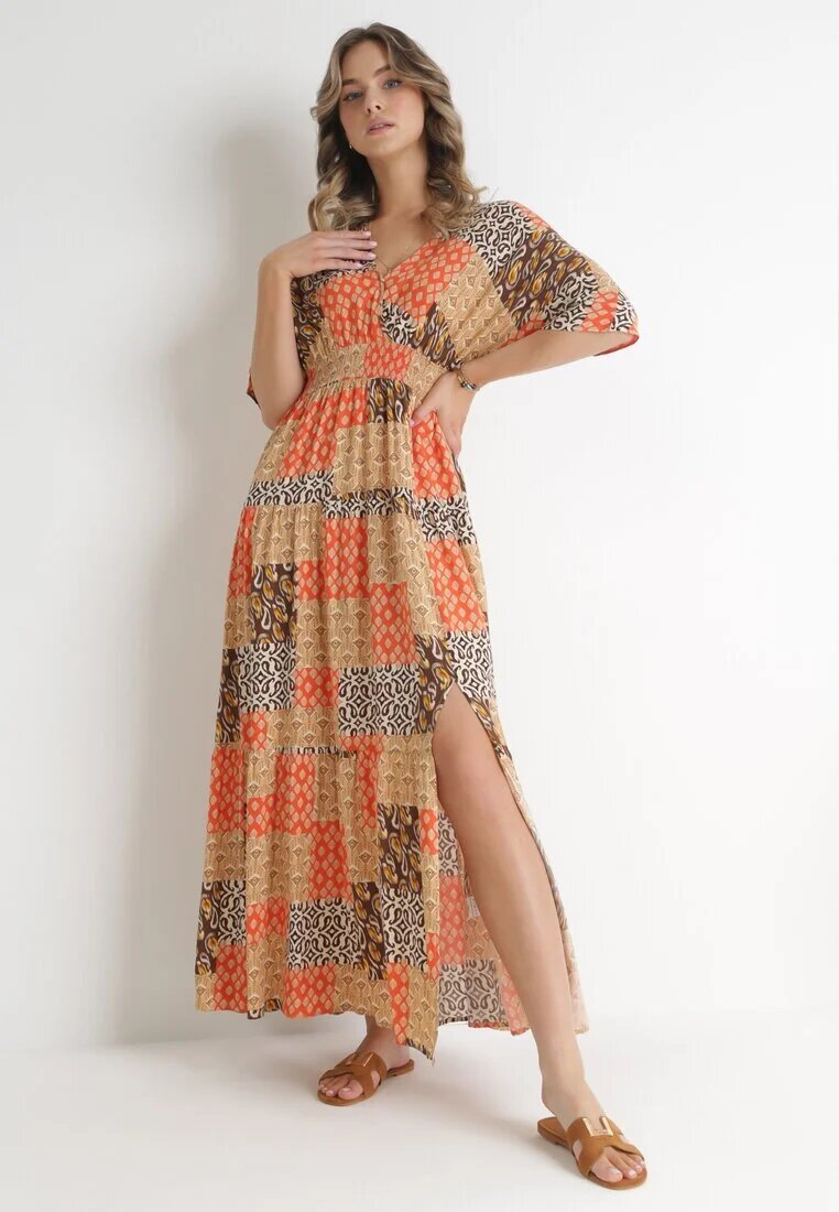 retro & icone Rochie Maxi Portocalie din viscoză cu elastice în talie și model abstract Zamania