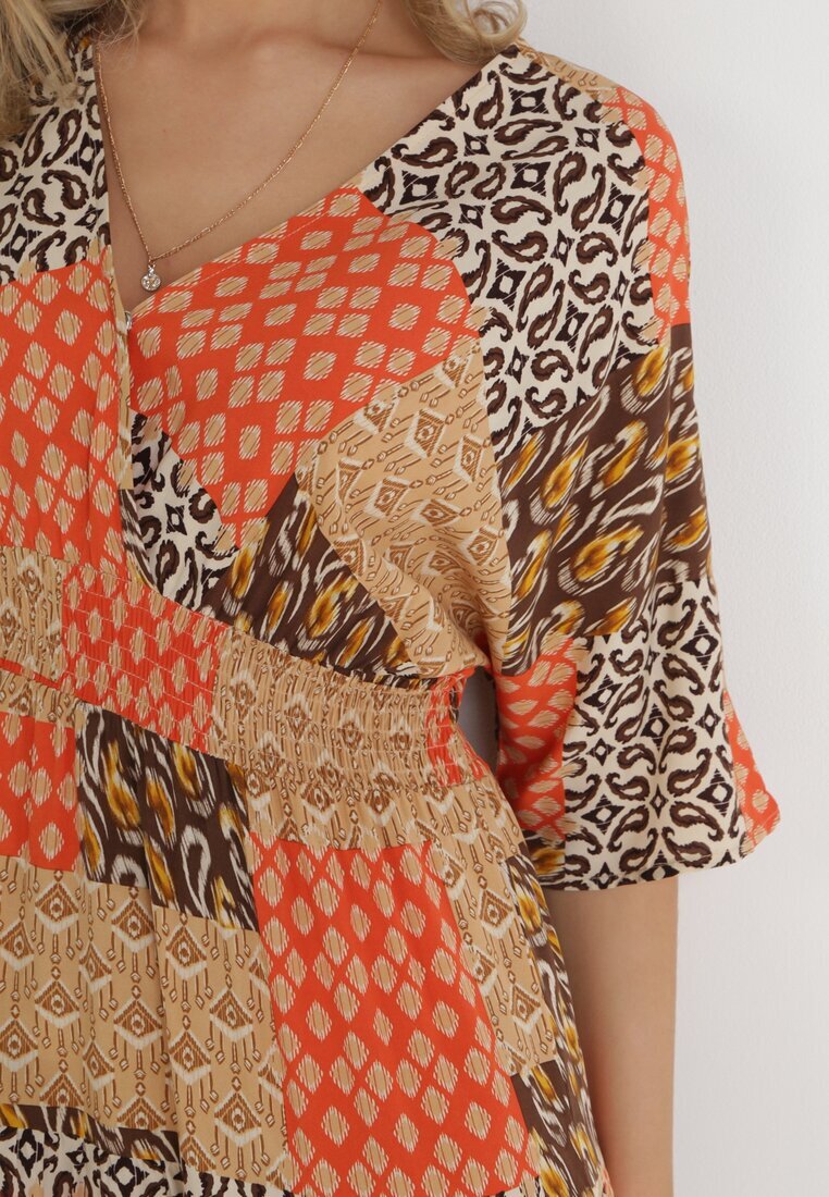 retro & icone Rochie Maxi Portocalie din viscoză cu elastice în talie și model abstract Zamania