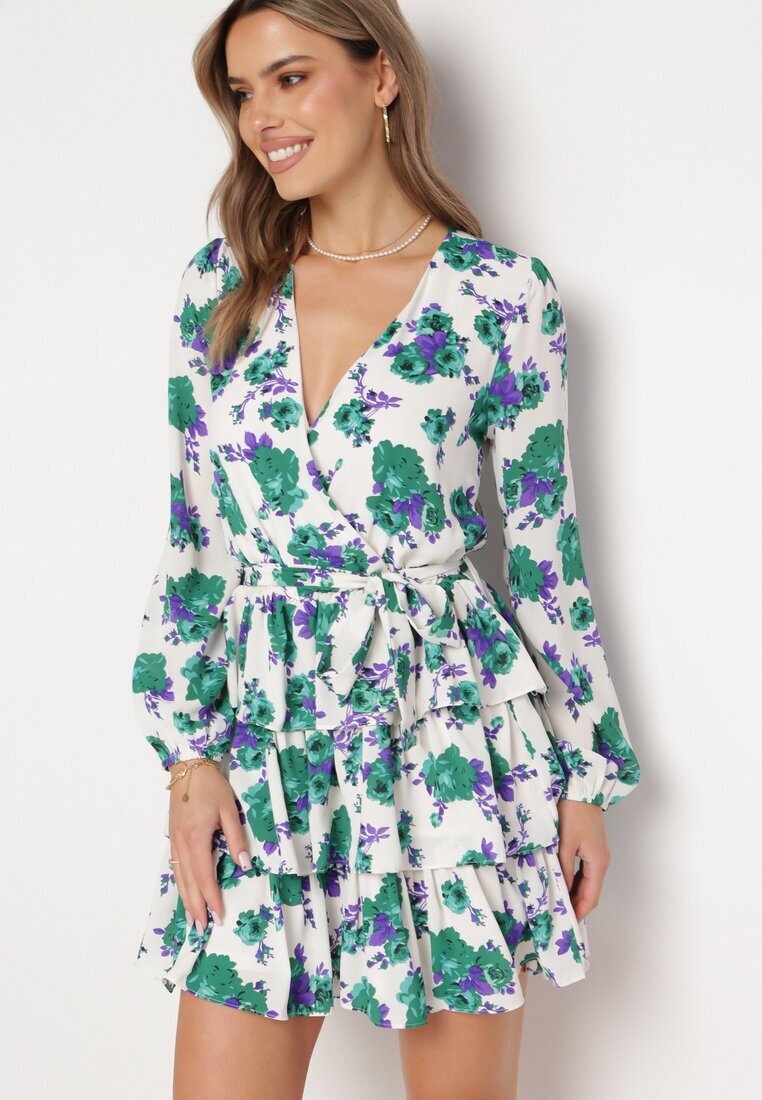 retro & icone Rochie Mini Alb-Verde cu flori cu decolteu petrecut și volane și curea Siboria