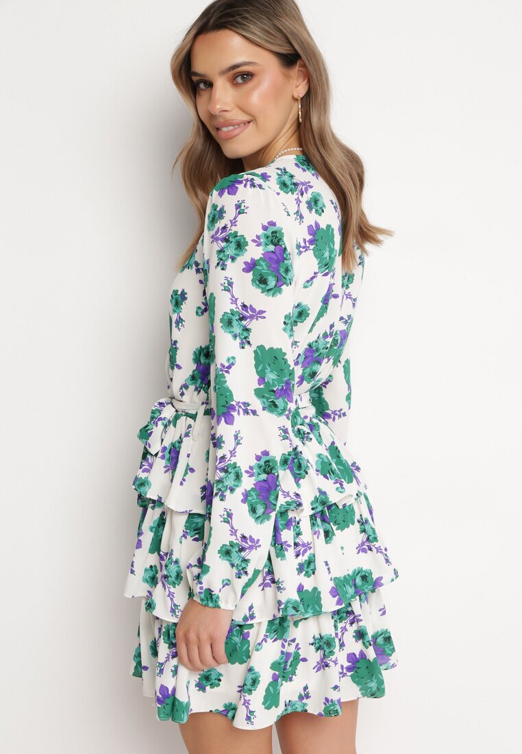 retro & icone Rochie Mini Alb-Verde cu flori cu decolteu petrecut și volane și curea Siboria