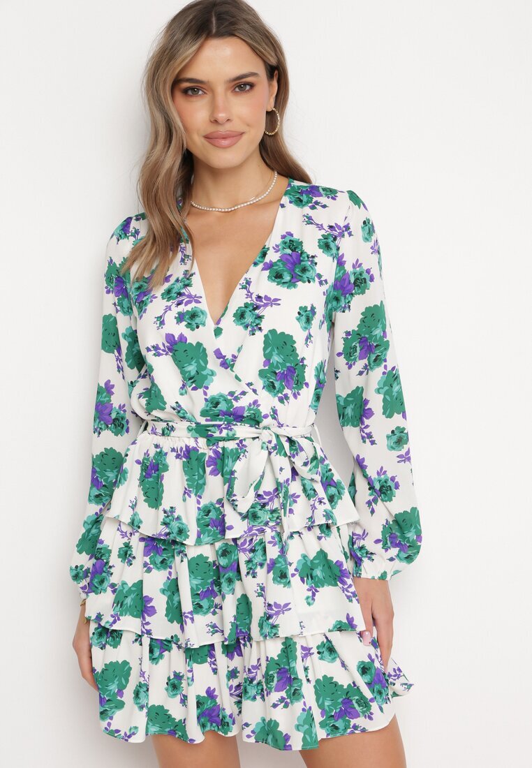 retro & icone Rochie Mini Alb-Verde cu flori cu decolteu petrecut și volane și curea Siboria