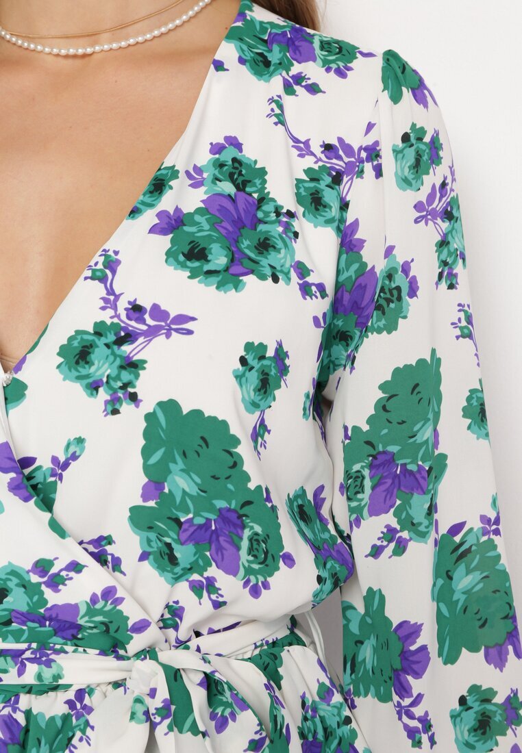 retro & icone Rochie Mini Alb-Verde cu flori cu decolteu petrecut și volane și curea Siboria