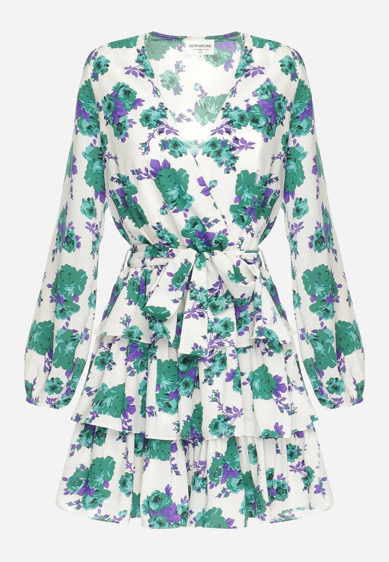 retro & icone Rochie Mini Alb-Verde cu flori cu decolteu petrecut și volane și curea Siboria