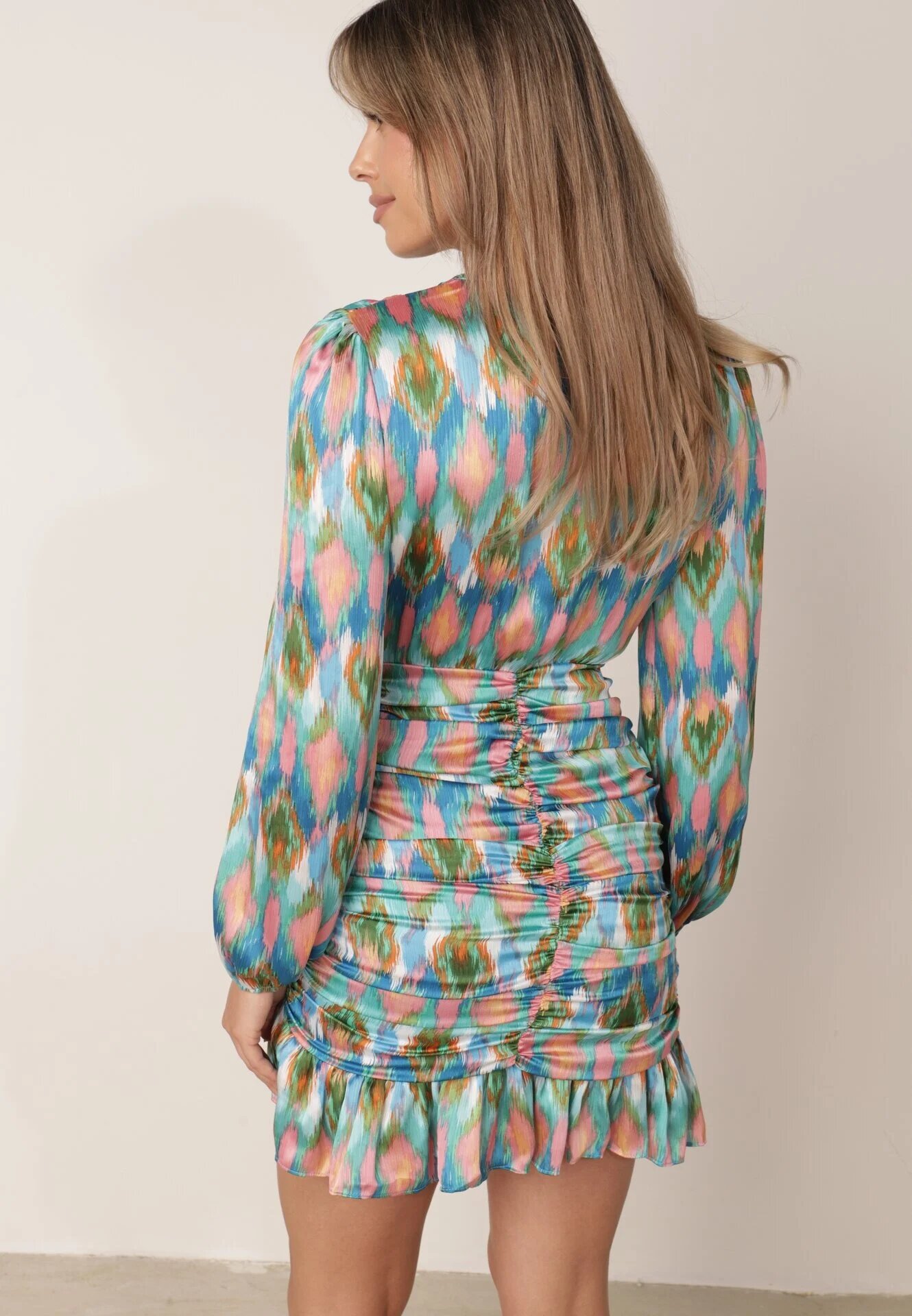 retro & icone Rochie Mini Albastru-Verde Mulată cu Decolteu Petrecut Volane și Drapaje Onorelia