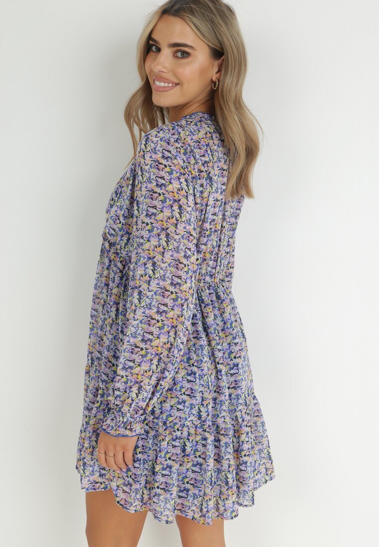 retro & icone Rochie Mini Albastru-Violet cu Volan și Elastic în Talie Annis