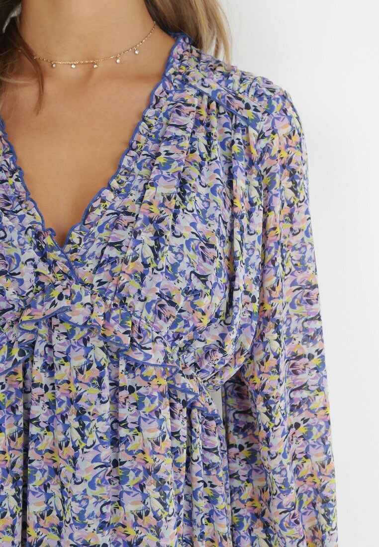 retro & icone Rochie Mini Albastru-Violet cu Volan și Elastic în Talie Annis