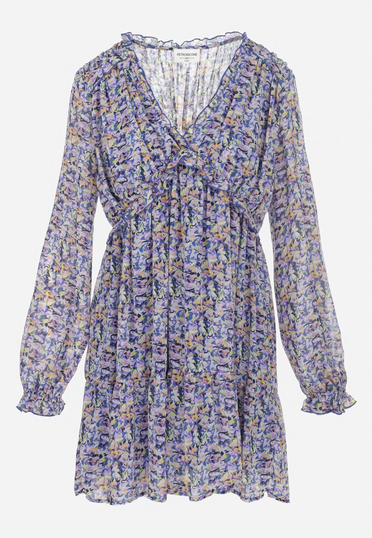 retro & icone Rochie Mini Albastru-Violet cu Volan și Elastic în Talie Annis
