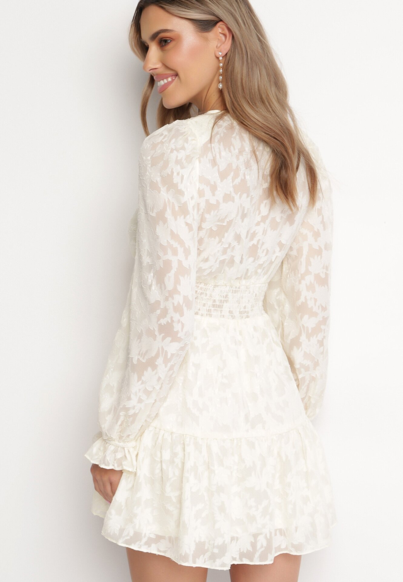 retro & icone Rochie Mini Bej Deschis din Țesătură Plumeti și cu Volan Coucile