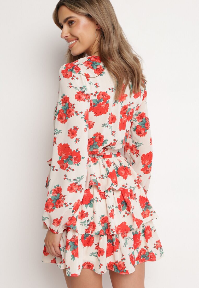 retro & icone Rochie Mini Bej și Roșie cu Imprimeu Floral Decolteu Petrecut Volane și Curea Siboria