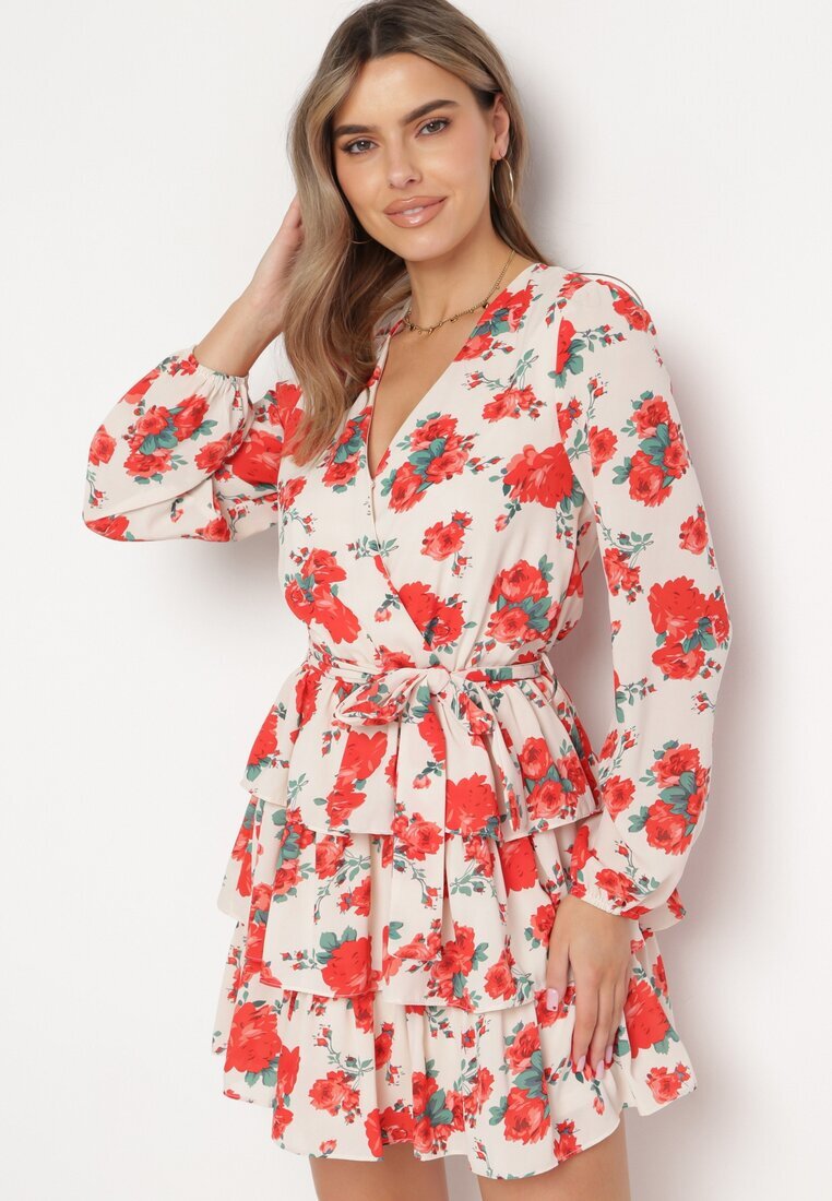 retro & icone Rochie Mini Bej și Roșie cu Imprimeu Floral Decolteu Petrecut Volane și Curea Siboria