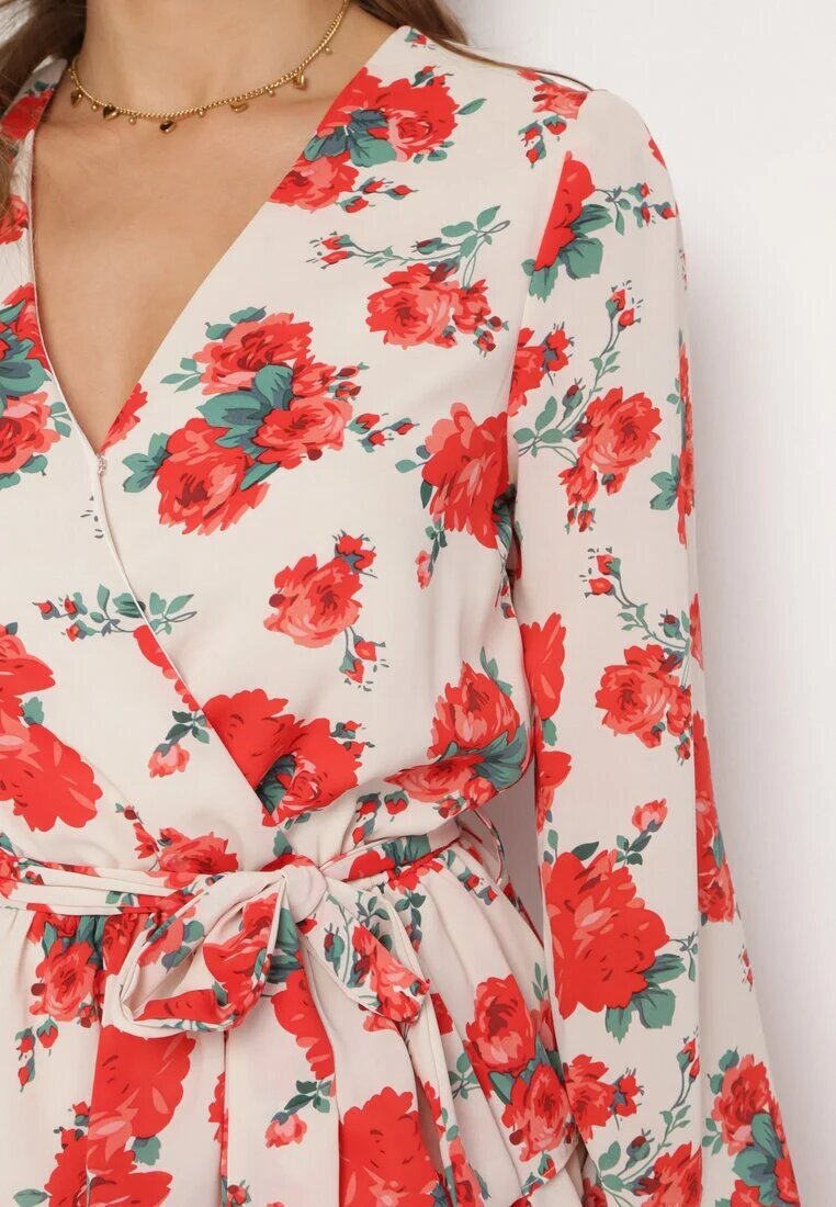 retro & icone Rochie Mini Bej și Roșie cu Imprimeu Floral Decolteu Petrecut Volane și Curea Siboria