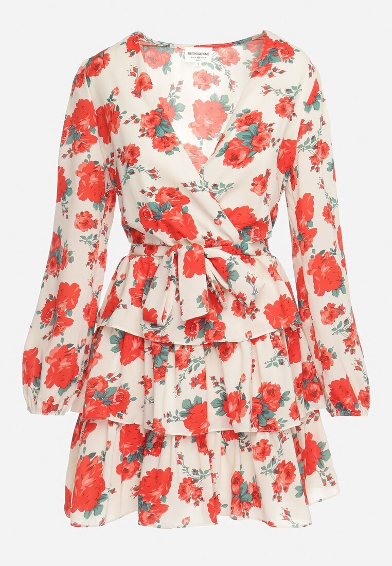 retro & icone Rochie Mini Bej și Roșie cu Imprimeu Floral Decolteu Petrecut Volane și Curea Siboria