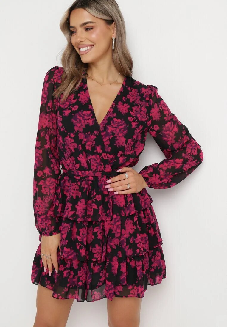 retro & icone Rochie mini cloche roz florală cu decolteu triunghiular și volane Cehamla