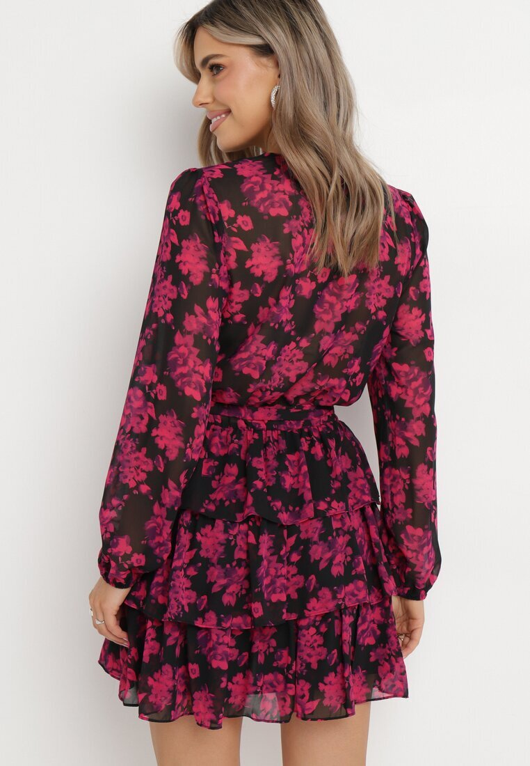 retro & icone Rochie mini cloche roz florală cu decolteu triunghiular și volane Cehamla