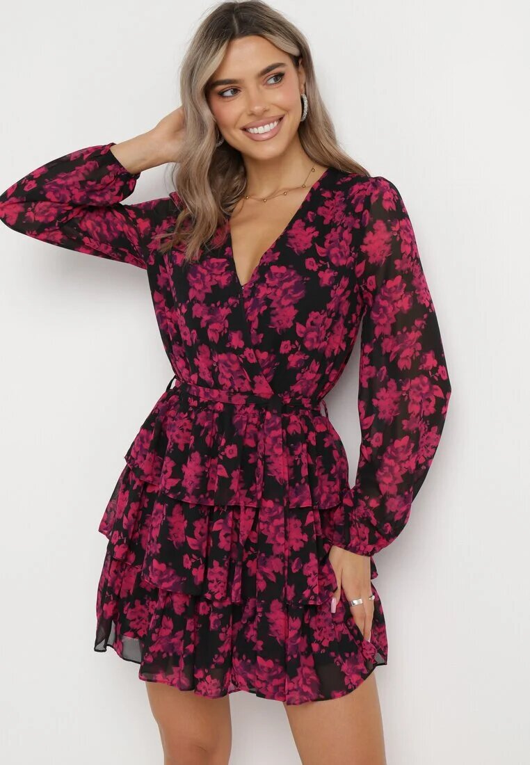 retro & icone Rochie mini cloche roz florală cu decolteu triunghiular și volane Cehamla
