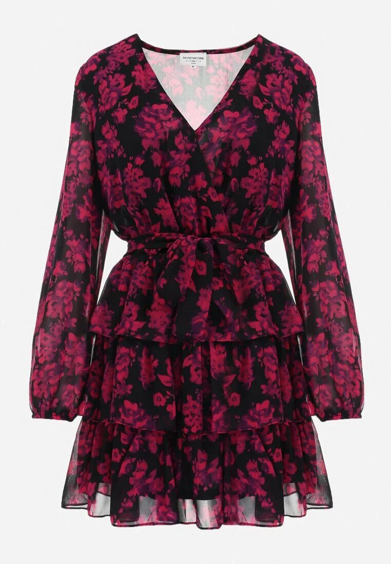 retro & icone Rochie mini cloche roz florală cu decolteu triunghiular și volane Cehamla