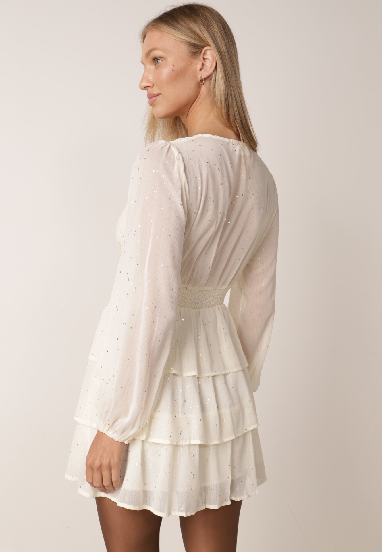 retro & icone Rochie Mini Jasnobej Evazată cu Imprimeu Metalic și Volane Elawnia