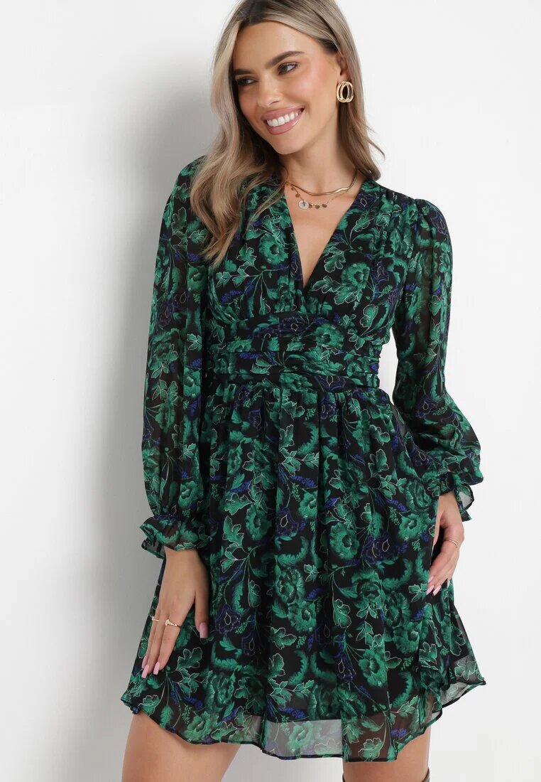 retro & icone Rochie Mini Verde-Negru cu Decolteu Petrecut Elandra