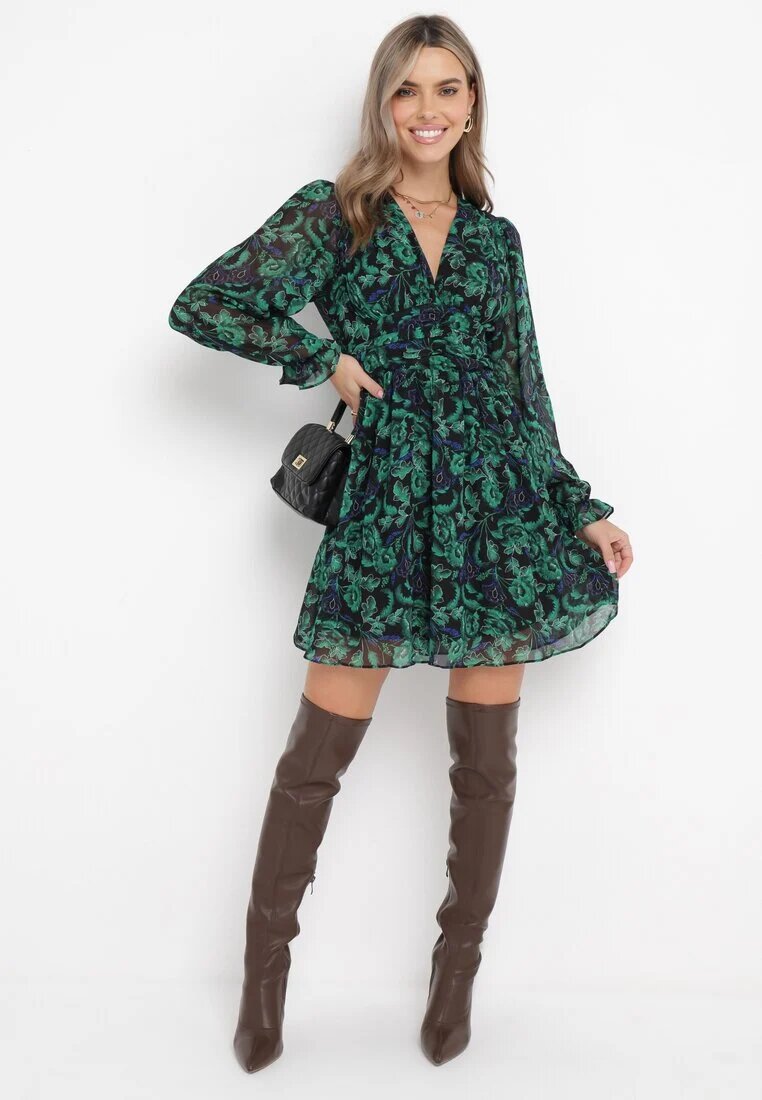 retro & icone Rochie Mini Verde-Negru cu Decolteu Petrecut Elandra