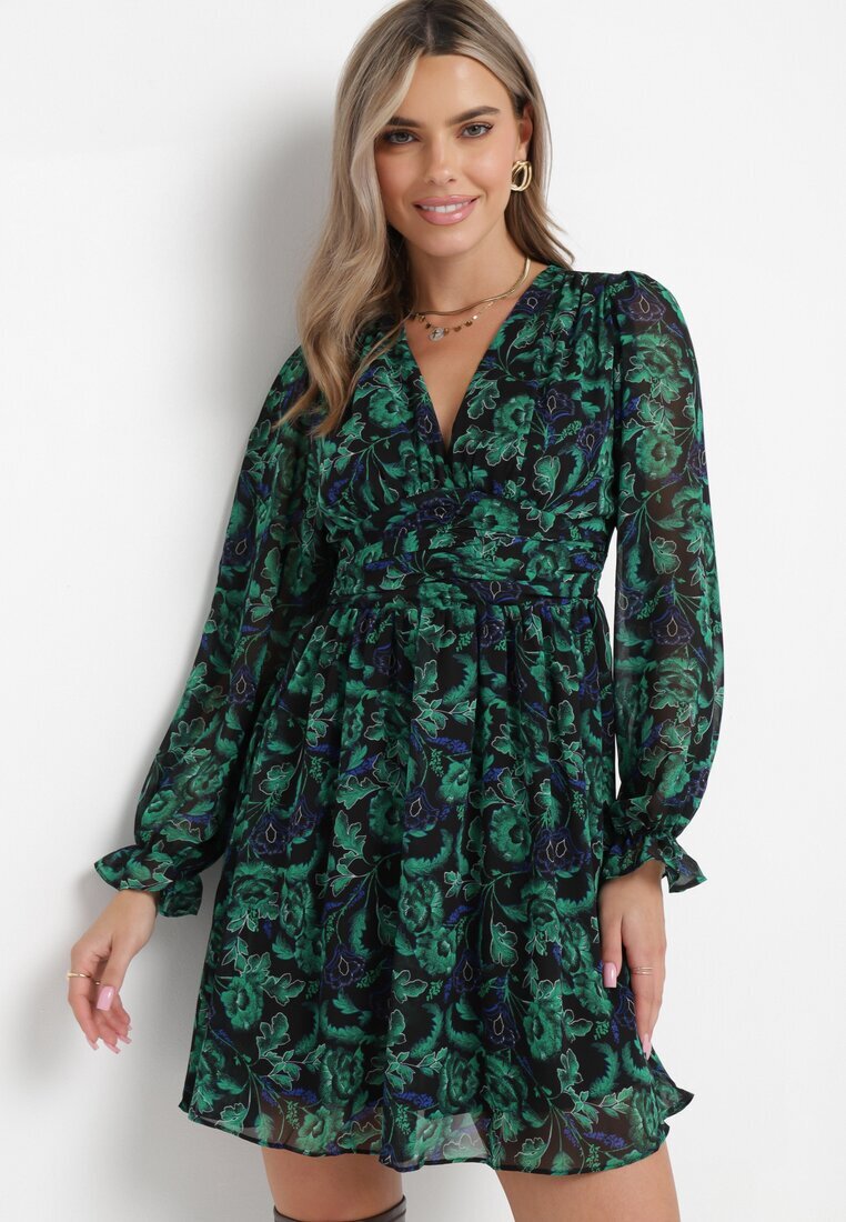 retro & icone Rochie Mini Verde-Negru cu Decolteu Petrecut Elandra