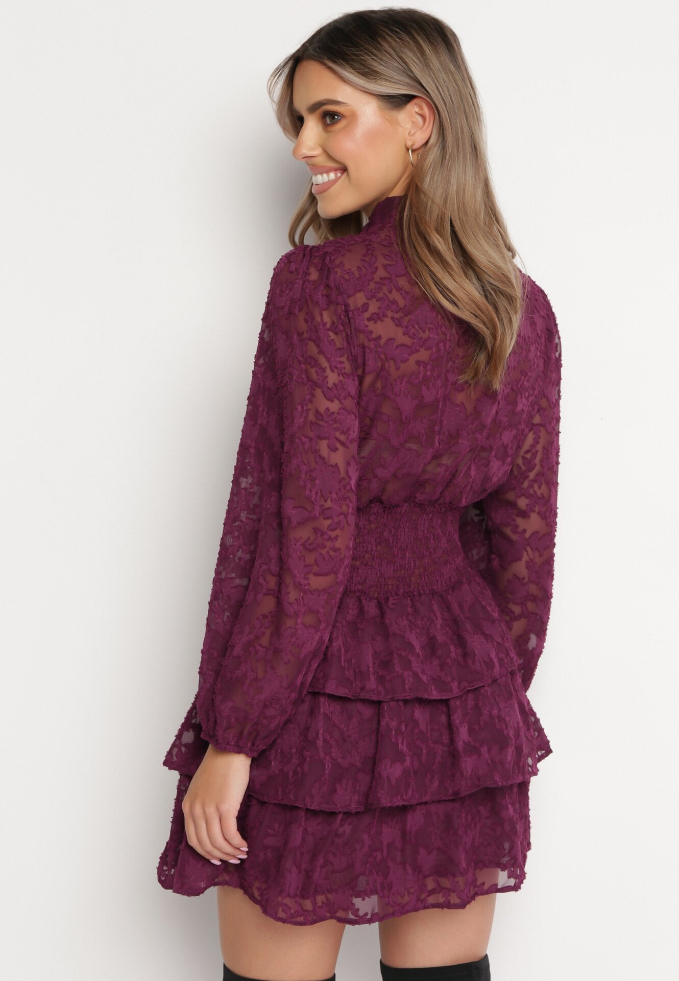 retro & icone Rochie mov cambrată mini dantelată cu volane Ciluna