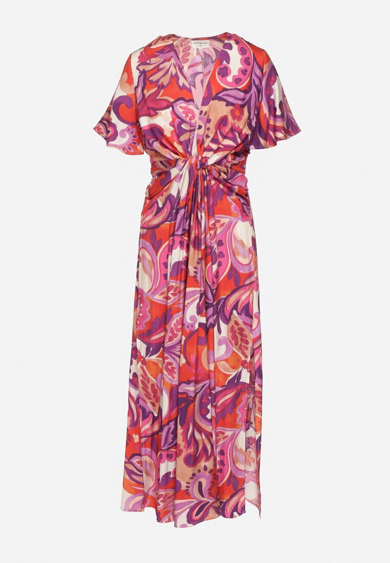 retro & icone Rochie Mov din Viscoză cu Mâneci Largi și Nod Decorativ Binamla