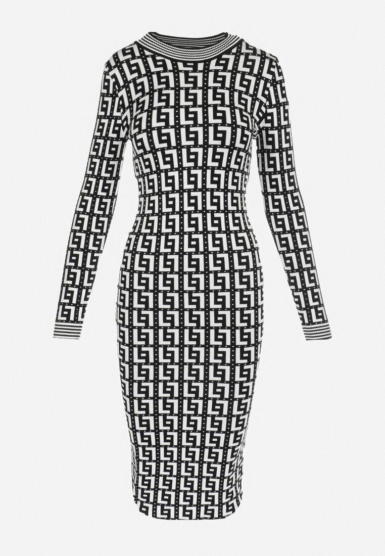 retro & icone Rochie Neagră-Albă Tricotată cu Model Geométric cu Guler semi-înalt Mata