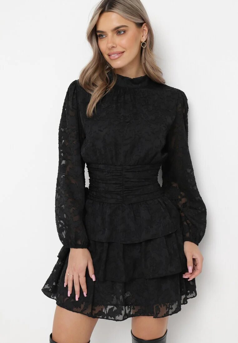 retro & icone Rochie Neagră Cambrată Mini Din Dantelă cu Volane Ciluna