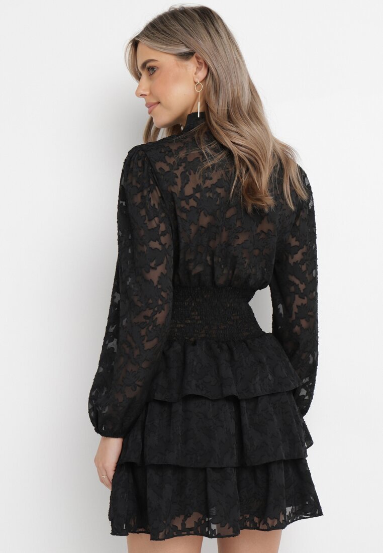 retro & icone Rochie Neagră Cambrată Mini Din Dantelă cu Volane Ciluna