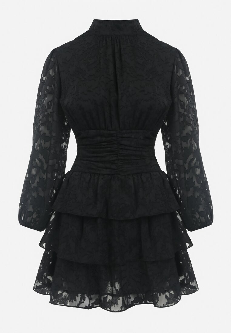 retro & icone Rochie Neagră Cambrată Mini Din Dantelă cu Volane Ciluna