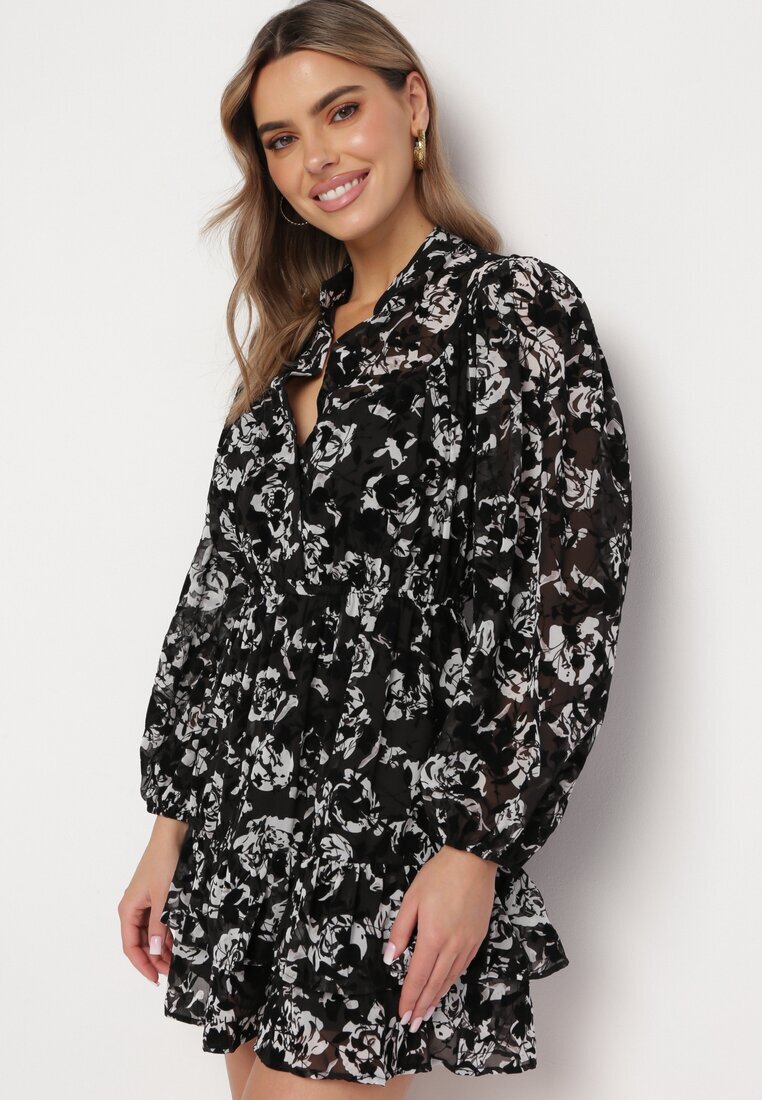 retro & icone Rochie Neagră Cloș Mini cu flori cu volănaș Matera