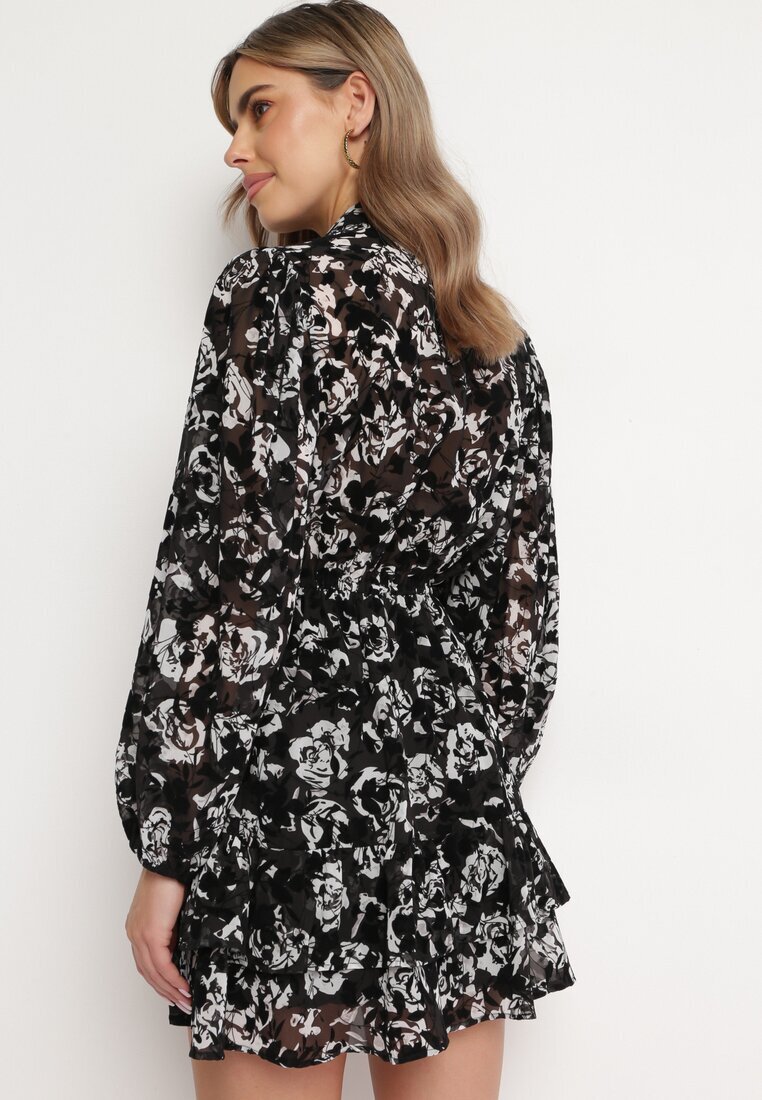 retro & icone Rochie Neagră Cloș Mini cu flori cu volănaș Matera