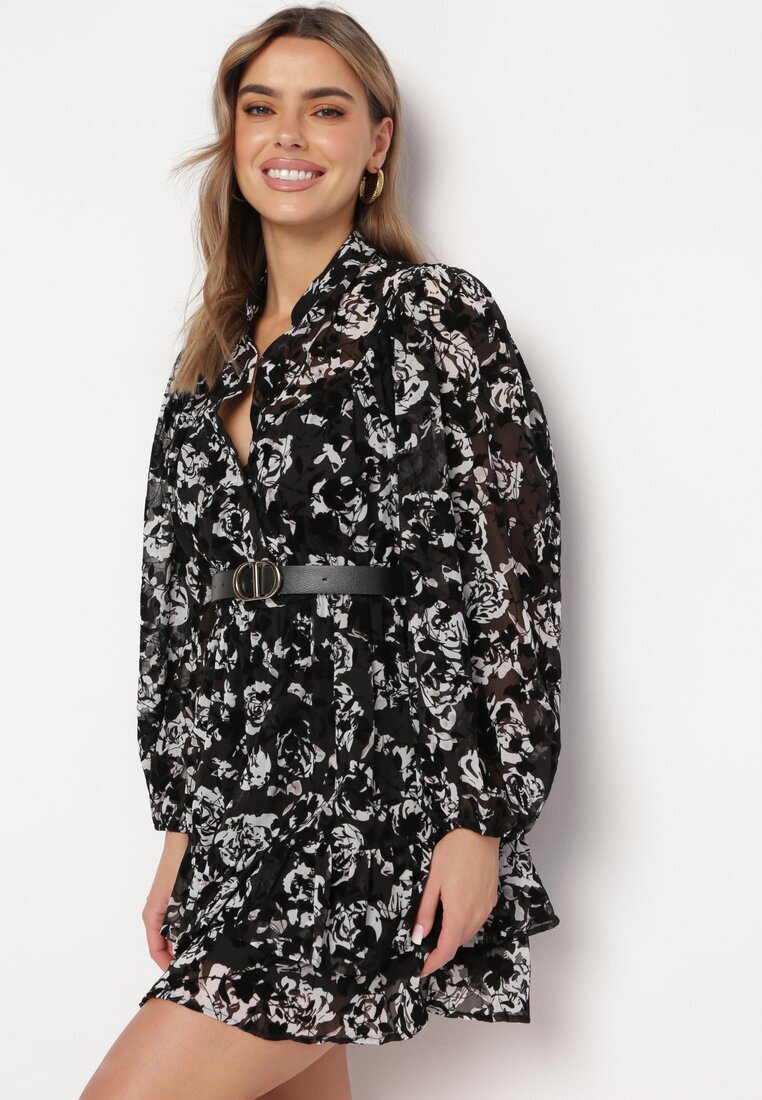 retro & icone Rochie Neagră Cloș Mini cu flori cu volănaș Matera