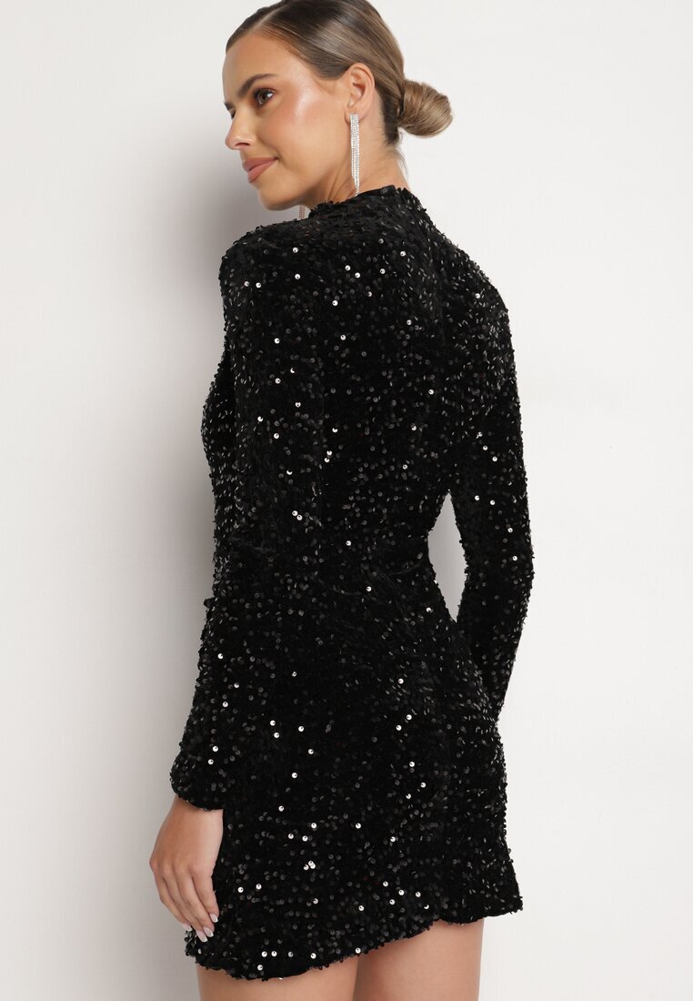 retro & icone Rochie Neagră de cocktail cu paiete cu umeri întăriți Bonida