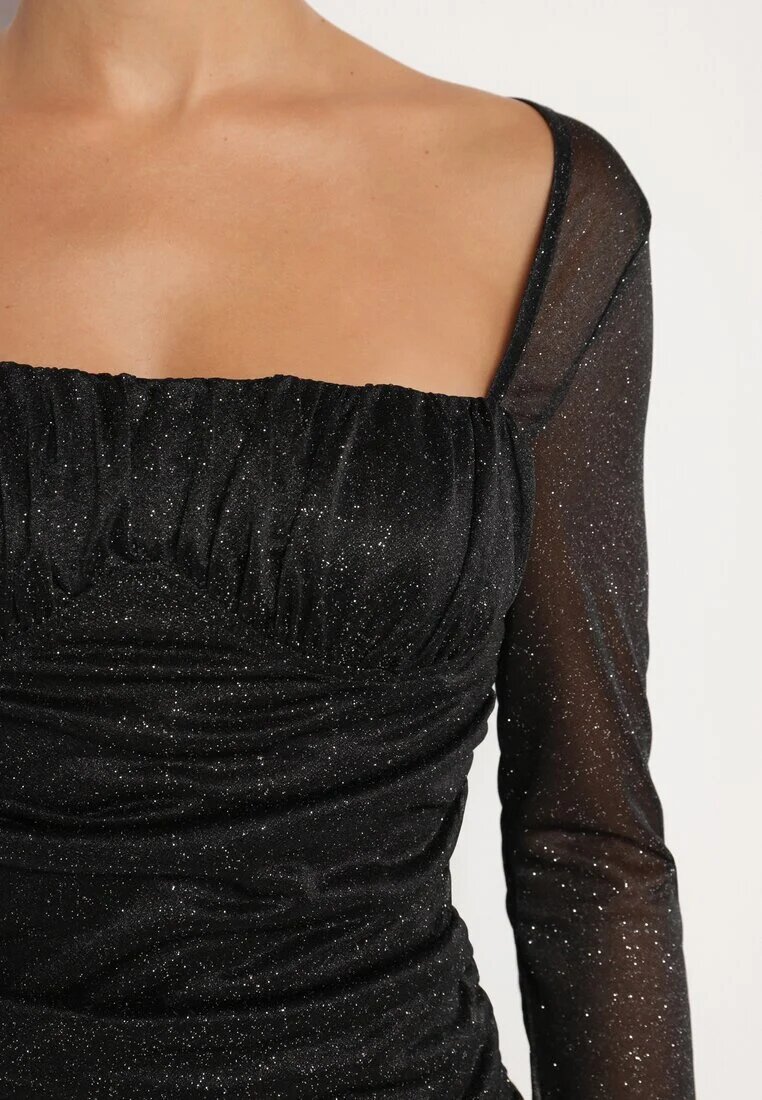 retro & icone Rochie Neagră din Plasă Drapată cu Volane Sclipici și Legătură Salanira