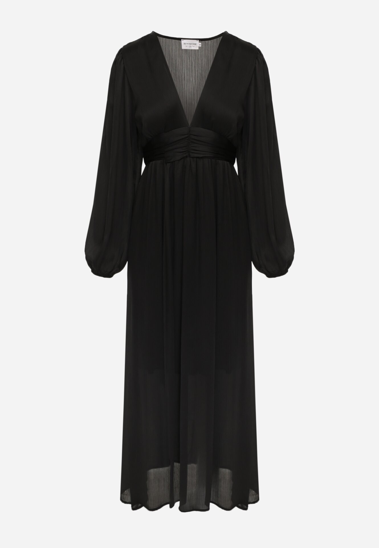 retro & icone Rochie Neagră Maxi Cloș din Țesătură Netedă cu Decolteu Petrecut și Mâneci Largi Smruti