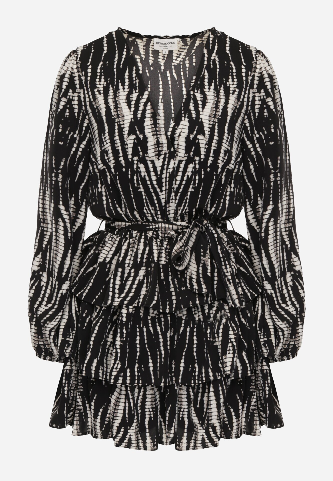 retro & icone Rochie Negru-Alb Cloș Mini Petrecută cu Curea și Volane cu Model Abstract Aintersa