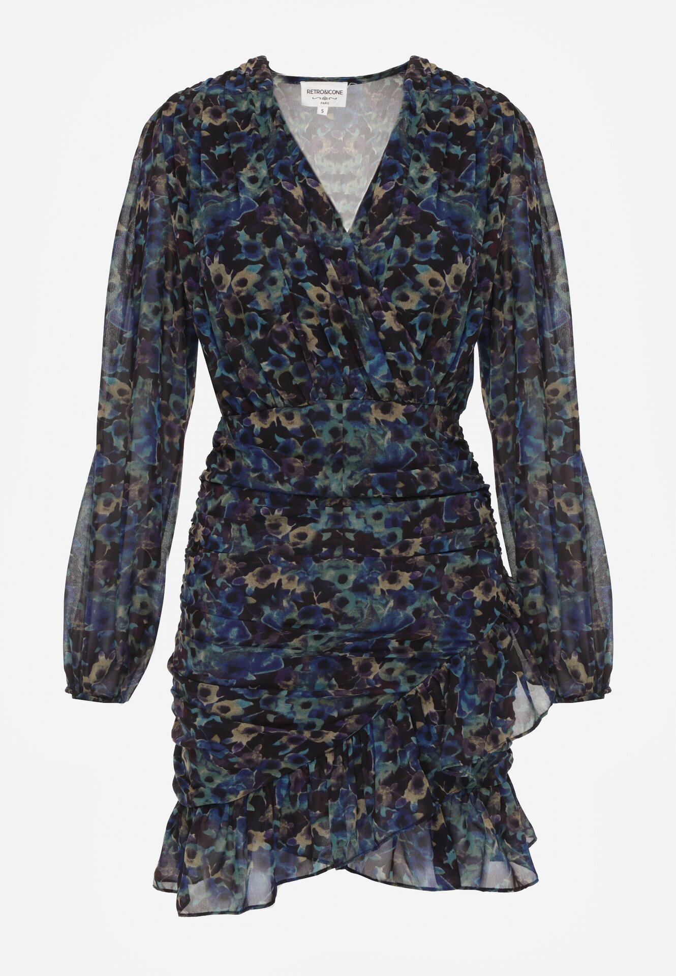 retro & icone Rochie Negru-Albastră Mulată Florală cu încrețituri și volane Mirilia